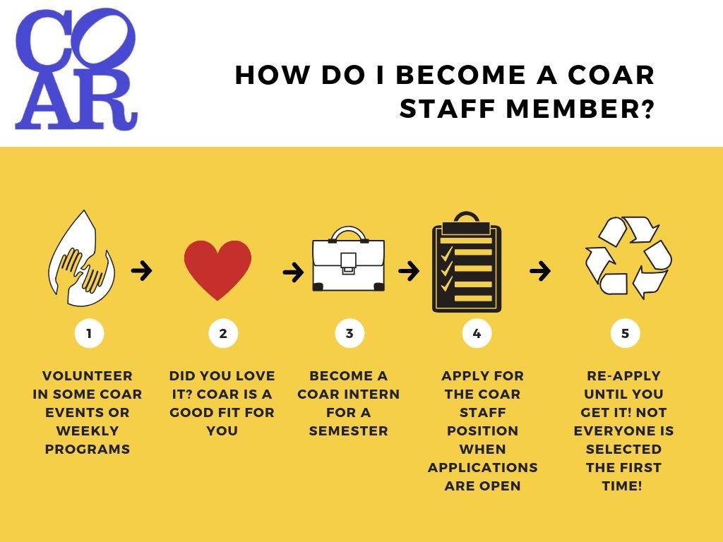 Flow chart showing the steps to take to become a COAR staff members: volunteer, become an intern, and then apply for job.
