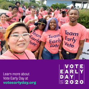 this is a picture of several students and says vote early day 2020 and to find out more visit voteearlyday.org