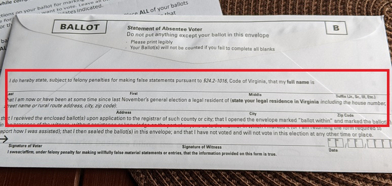 picture of Envelope B that is used for voting absentee by mail in Virginia. it shows that your name and residence address is needed on the envelop. 
