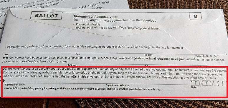 This is a picture of envelope B used for voting Absentee by Mail in Virginia. it shows that you need to sign this envelope, and shows the signature line. 