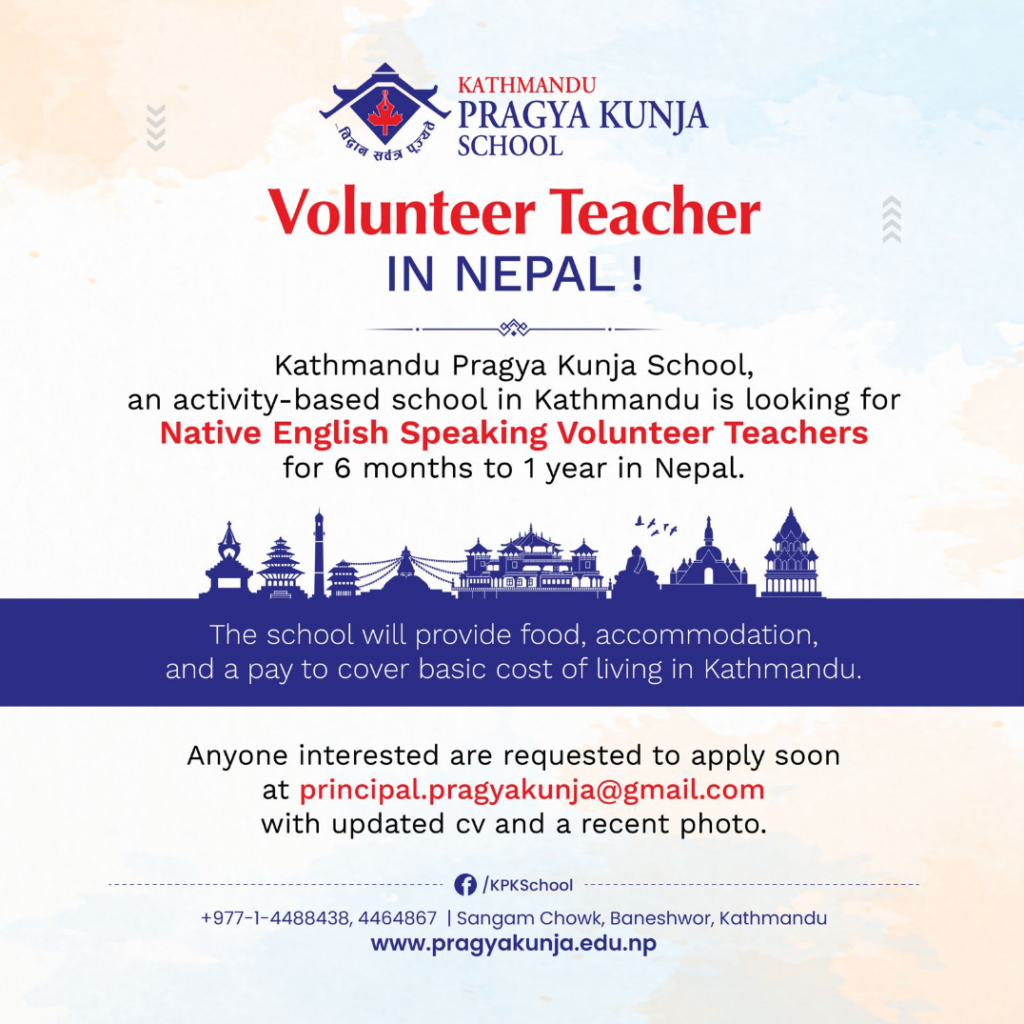Image that states "Teach in Nepal" and has a picture of a skyline.