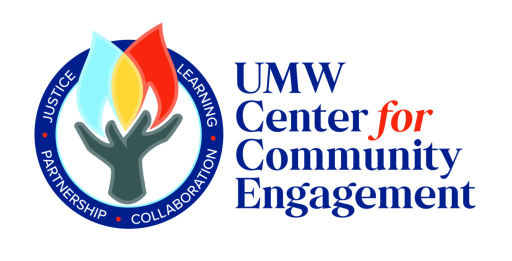 This says "UMW Center for Community Engagement" and shows two hands clasped and a circle around it that reads, "collaboration, learning, justice, and partnership". 