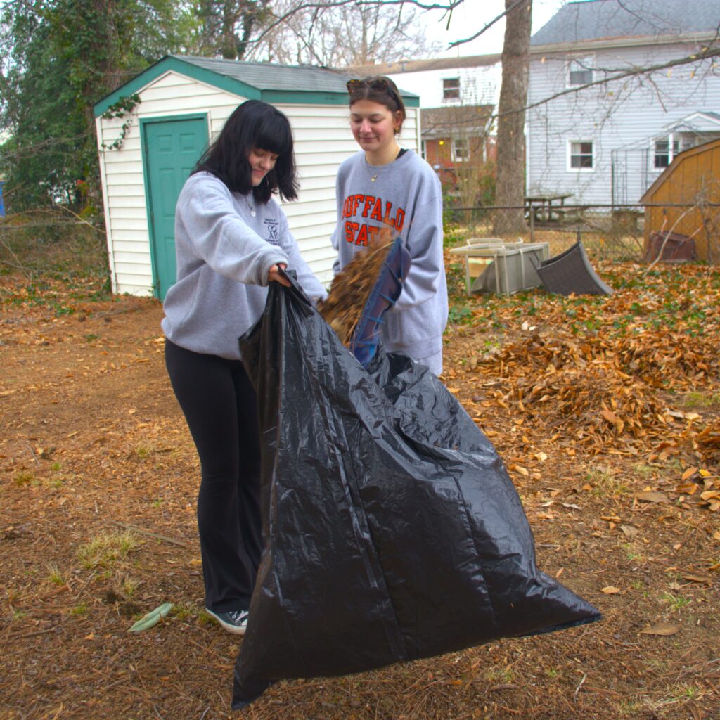 Two people standing in a back yard in front of a shed. They are working together to scoop dead leaves into a trash bag with a rake.