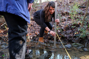 Geography students measure stream discharge in the stream that flows in front of the UMW library.