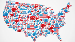 A map of the US made up of voting images: flags, eagles, etc.