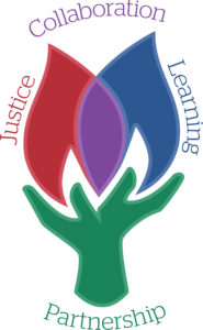 This is a "logo" for the Center for Community Engagement, which shows two hands holding what looks like a flame, and the words collaboration, learning, justice and partnerships are written around it.
