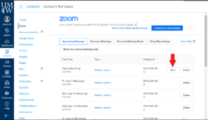 screenshot of the Canvas Zoom dashboard with recurring meetings listed and the start button highlighted