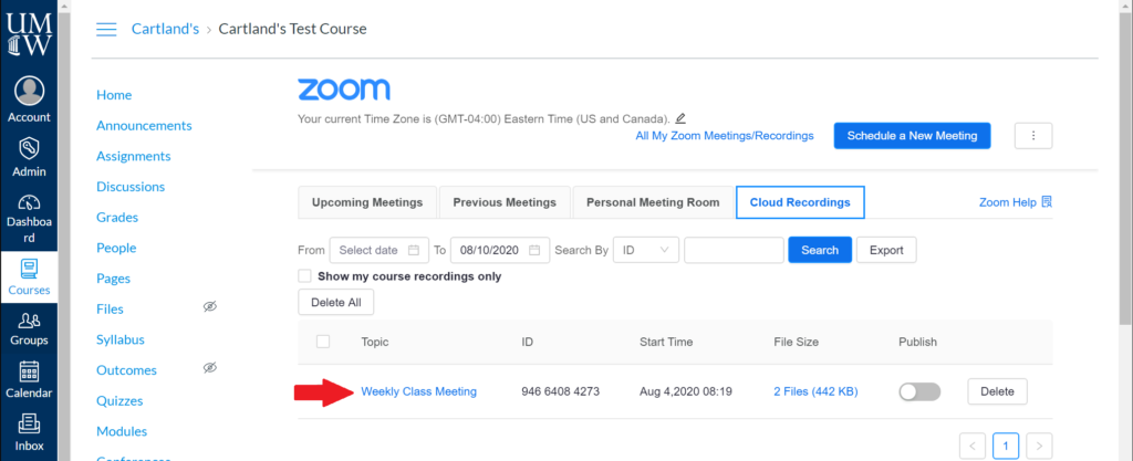 screenshot of zoom cloud recording screen wit the meeting title link highlighted