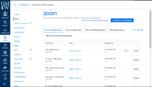screenshot of the Canvas Zoom dashboard with recurring meetings listed