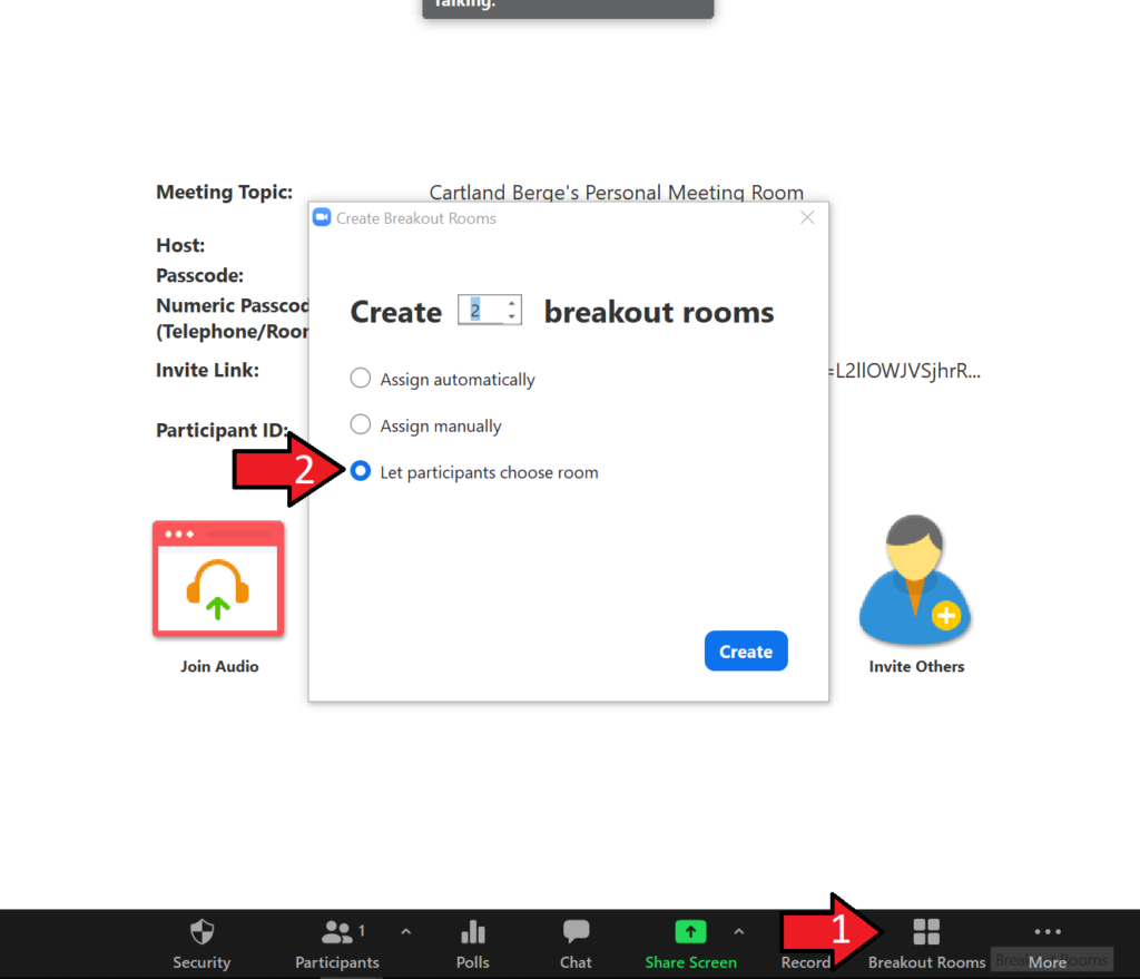 Screenshot showing the steps to let participants choose their own breakout room