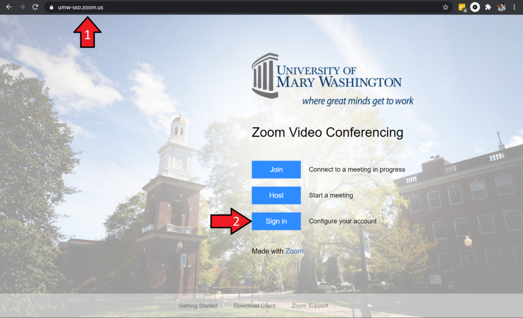 screenshot of the UMW Zoom Web Portal login page