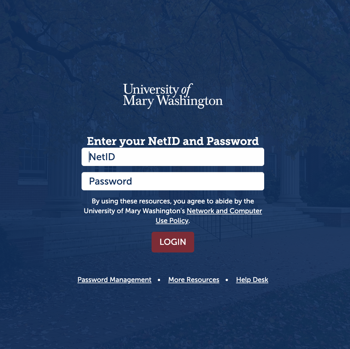 Screenshot of the UMW NetID and Password Single Sign On login box.