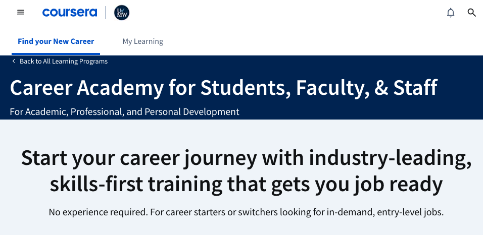Screenshot of UMW Coursera Career Academy home page.