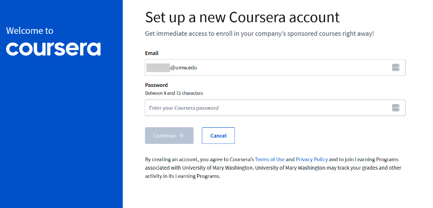 Screenshot of the Coursera "Set up a new Coursera account" window where you enter your email address and UMW NetID password.