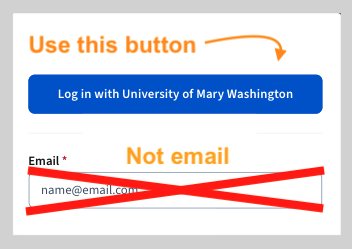 A screenshot of the Coursera login interface, highlighting that the user should select the "Log in with University of Mary Washington" button rather than filling in the "Email" form field.