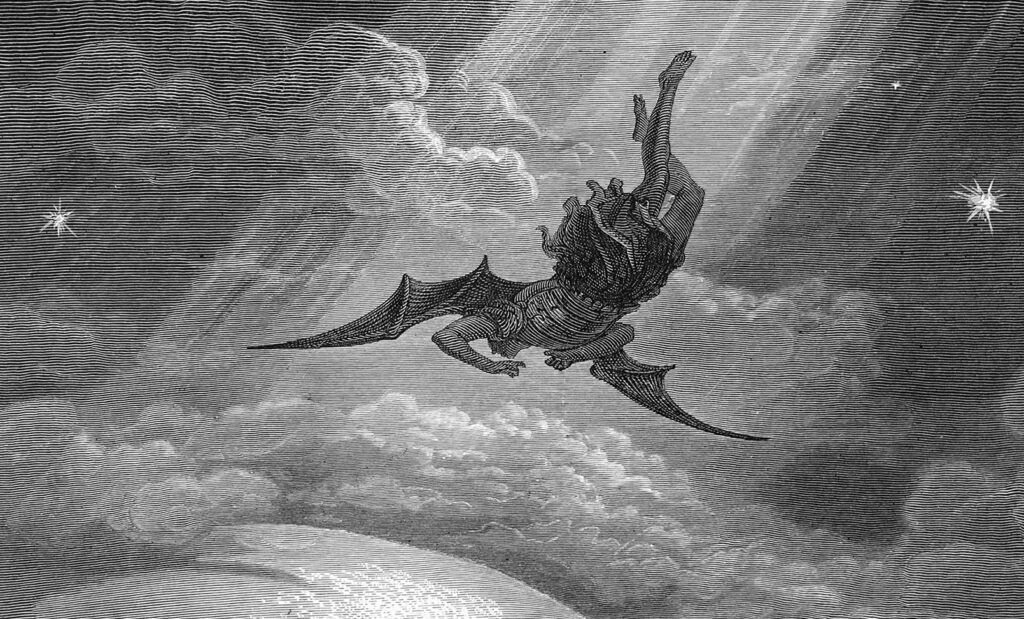 Paradise Lost 12.jpg - Illustration for John Milton's Paradise Lost by Gustave Doré (1866). The spiritual descent of Lucifer into Satan.