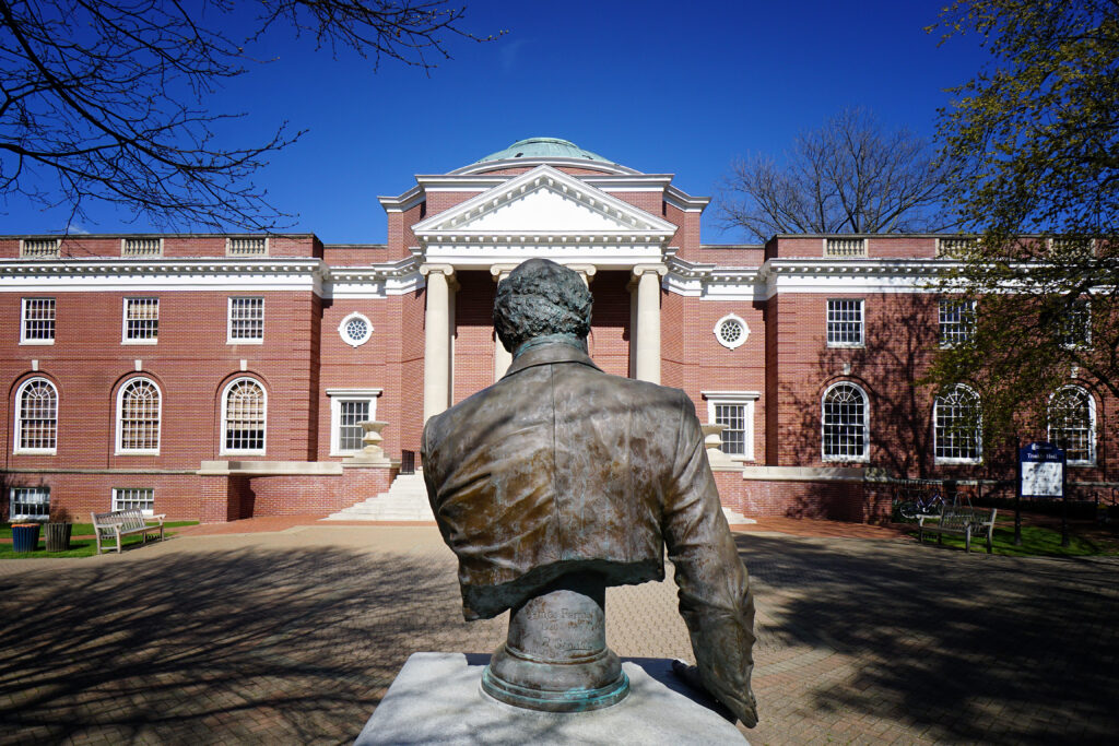 Bust of James Farmer outside Farmer Hall on Campus Walk.