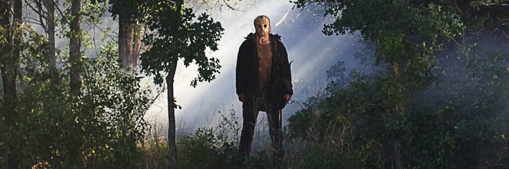 Picture of Friday the 13th movie poster with Jason in the center. 