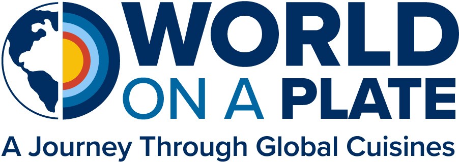 Logo for "World on a Plate: A Journey Through Global Cuisines." An image of a globe that is cut in half: the left half is a normal view of the Western-hemisphere, the right half shows a visualization of the core and then additional layers extending from there.