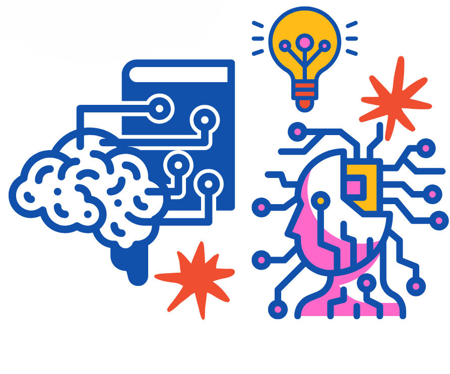 Three graphics depicting AI: a lightbulb, a brain wired into a memory card, and a human head with a CPU where the brain would be.